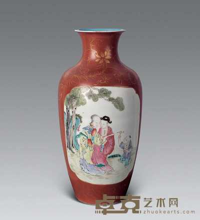 清乾隆 珊瑚红地描金粉彩开光山水人物瓶 高28cm